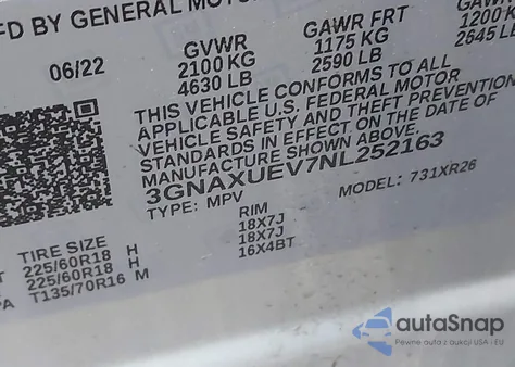 2022 Chevrolet Equinox Lt z USA, uszkodzony, nr VIN 3GNAXUEV7NL252163